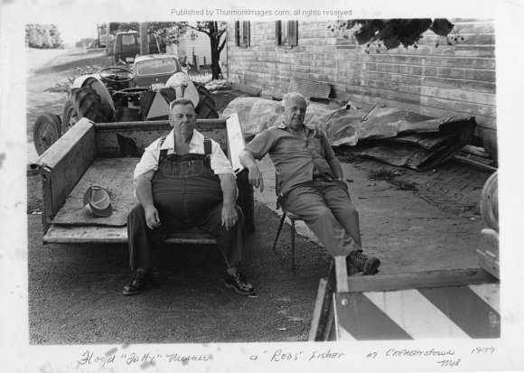 Floyd "Fatty" Mesner and Red's Fisher beside the Creagerstown store in 1979.  Fatty was well know for driving his tractor everywhere. It looks like the may have been some work being done to the store as there is roofing tin laying against the wall.