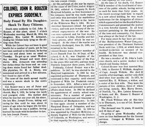 Clarion 03-26-1914 Col Rouzer Death JAK