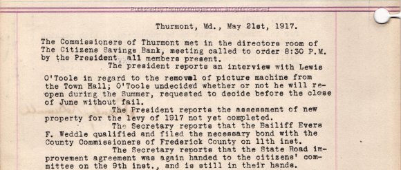 Town Minutes 1917-05-21 O'Toole Movies Town Hall