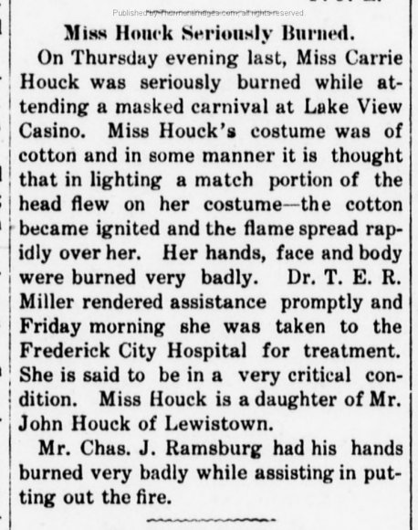 Lake View 1909-12-30 Clarion Carrie Houck Injured in Fire