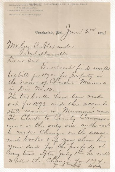 Alexander Tax Assessment Letter 1893 SB