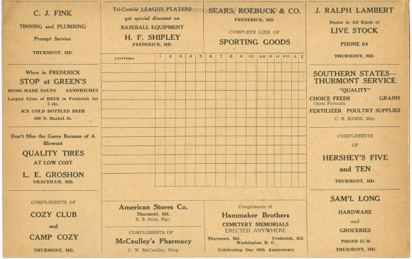 Baseball Score Card 1940's 001D JAK