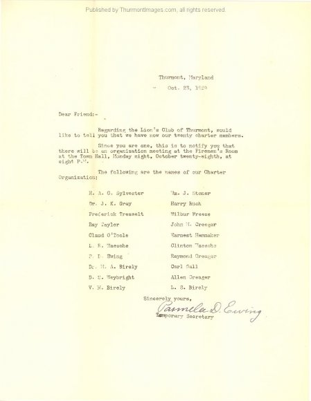 Lions Club Letter 1929