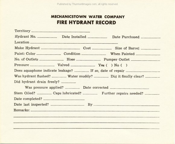 Mechanicstown Fire Hydrant Record