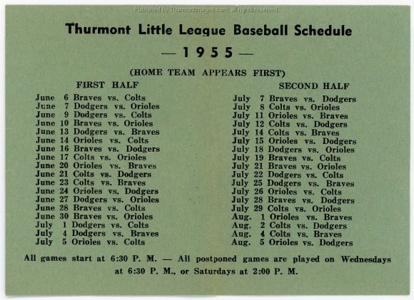 Little League 1955 Schedule 001A DB