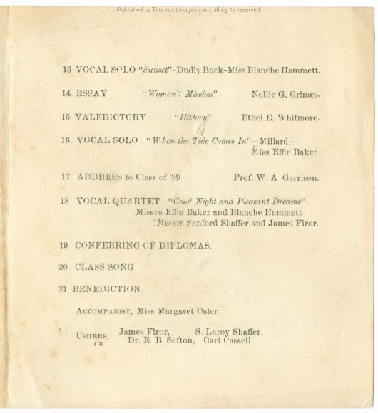 Thurmont High School 1899 Commencement 001C JAK