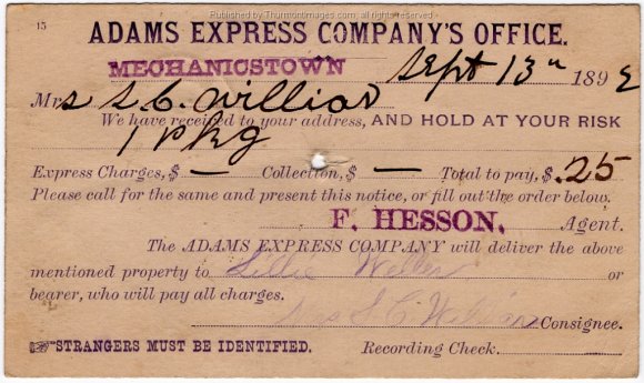 Adams Express Postcard 1892 001A BobB